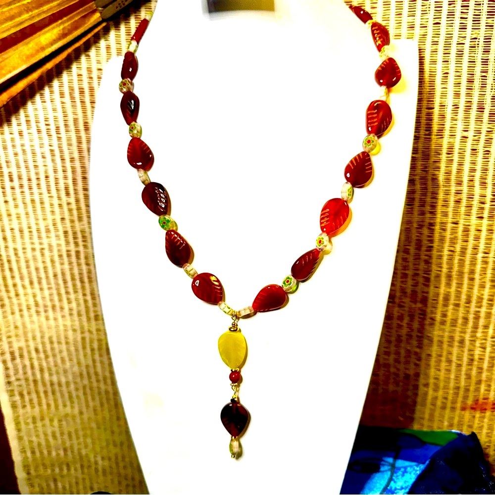 Artisan Red Hand Carved Stone Leaves and millefiori Bead necklace